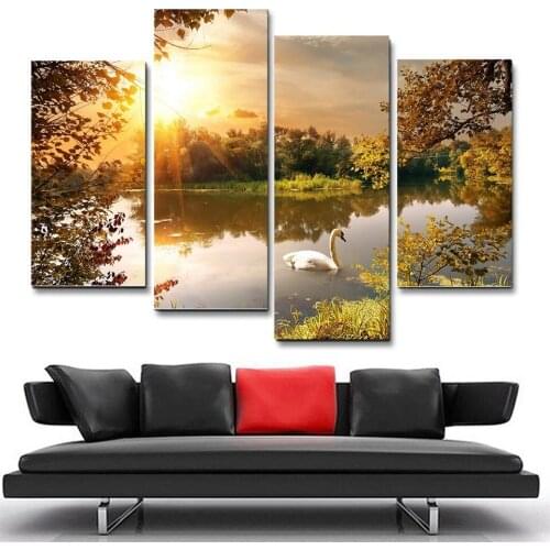 4 Pieces Ocean Park Swan Modular Pictures Wall Art Abstract Decorative for Living Room Bedroom Home Canvas Painting No Frame