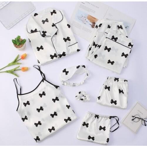 WAVMIT 7 Pieces Womens Pajamas Sets Faux Silk White Bow Pyjama Womens Pajamas Sleepwear Sets Spring Summer Autumn Homewear