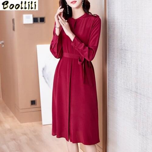 Boollili Real Silk Dress Women Spring Office Dresses Korean Fashion Midi Dress Elegant Vintage Party Dress Vestido Mujer