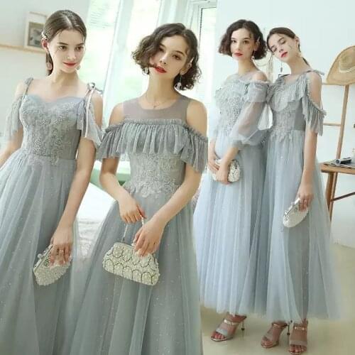 Bridesmaids Dresses Illusion Short V-Neck A-Line Tulle Lace Sequined Beading Spaghetti Straps Gray Women Wedding Party Gown E629