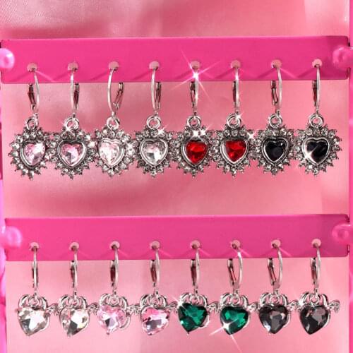 JUST FEEL 2021 New Love Heart Crystal Dangle Earrings For Women Multicolor Rhinestone Romantic Drop Earrings Trendy Jewelry Gift