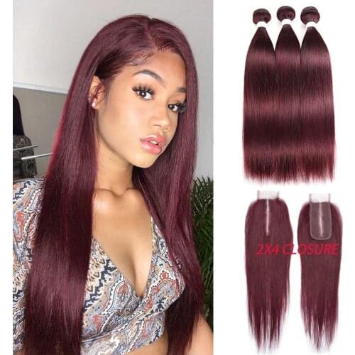 Brazilian Human Hair Straight Weaves With Closure Bundles With Closure 4x2 Human Hair Extensions 99J #2 #4 Light Brown Remy