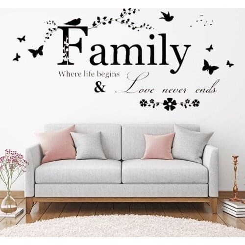 Family Love Never Ends Warm Quote Home House Wall Decal Stickers Flora Butterfly Wall Mural Decor Mural Removable DK-68