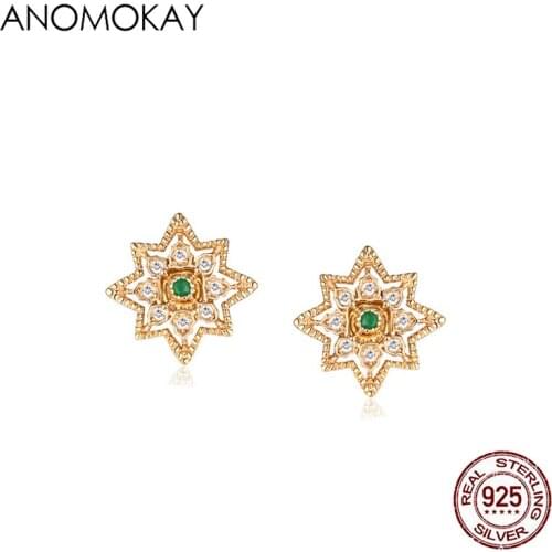 Anomokay Vintage Palace Openwork Gold Color Flower Earrings for Women Gift Luxury Green Zircon 925 Silver Earring for Party