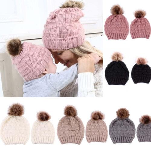 Family Mom Beanie Hat Cap Knitted hat Newborn Baby Knit Soild Cotton Blend Women Warm 2pcs