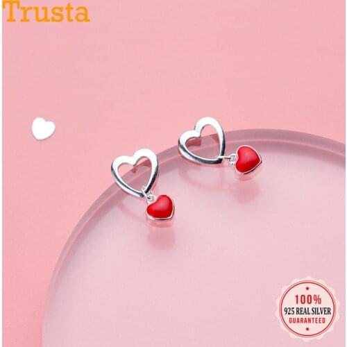 Trusta 100% 925 Sterling Silver Women Jewelry Fashion Tiny 9mmX16mm Hollow Out Red Heart Stud Earrings For Daughter Girls DS577