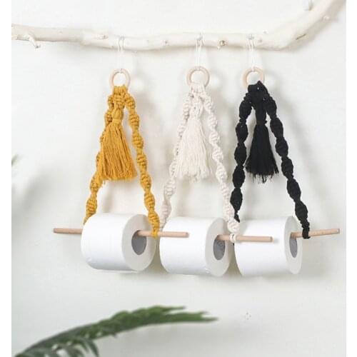 Macrame Rope Toilet Paper Holder Hanging Vintage Wooden Towel Rack Tapestry Home Hotel Bathroom Decoration Supplies Towel Shelf