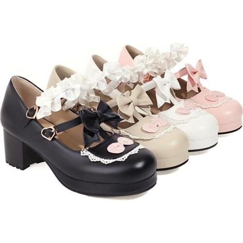 OLOMLB Womens Lolita Round Toe Bowknot Kawaii Cosplay Shoes Sandals Block Heel Plus Size 34-43 Mary Janes New 2021