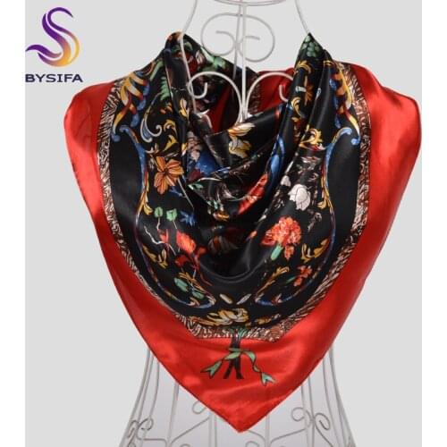 [BYSIFA] Red Black Women Silk Scarf Shawl Fashion Accessories Brand Floral Satin Square Scarves Hijabs Muslim Ladies Head Scarf