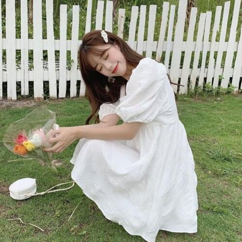 Puff sleeve white chiffon dress female summer 2021 Square collar French first love super fairy temperament mid-length dress