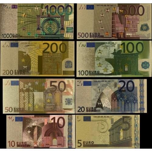 8pcs/lot 5 10 20 50 100 200 500 1000 EUR Gold Banknotes In 24K Gold Fake Paper Money for Collection Euro Banknote Sets