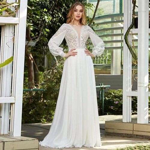9939#2021 V-Neck Long Sleeve Beach Wedding Dress Elegant A Line Chiffon Sweep Train High Quality Lace Long Sleeve Bridal Gowns