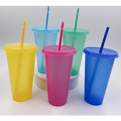 Shinny Reusable Color Drinks Mug with straw Cups PP Tumbler With Lid Party Cup Drink Straw Mugs with Bottle 700ml