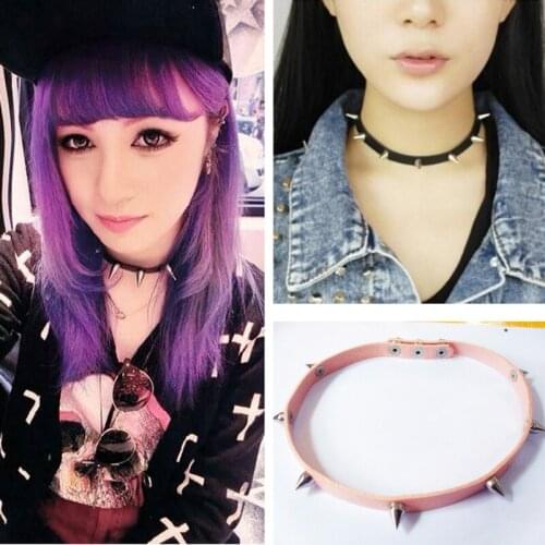 Sexy Cosplay Handcrafted Punk Real Leather Spikes Studded Choker Button Collar Necklace