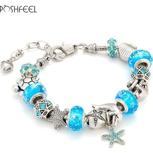 Poshfeel Summer Jewelry Starfish/Turtle Charm Bracelets For Women Blue Murano Glass Beads Bracelets & Bangles Mbr170276