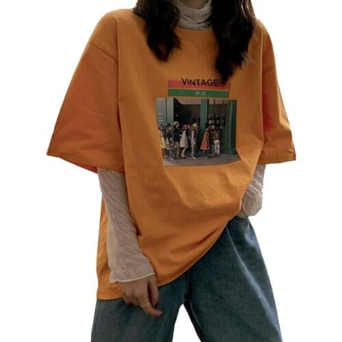 Summer Fashion Women Orange T Shirt Letter VINTAGE Loose Short Sleeve O Neck Tees Tops