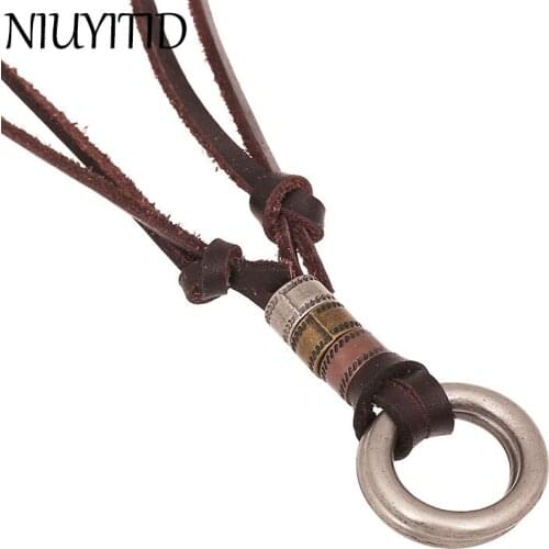 NIUYITID Genuine Leather Men Necklace Vintage Brown Men Chain Necklace Jewelry Pendant Male Accessories