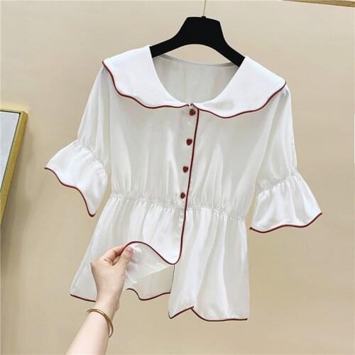 Solid Ruffles Women White Shirts Summer New 2021 Turn-Down Collar Elegant Office Lady Outwear Blouse Tops