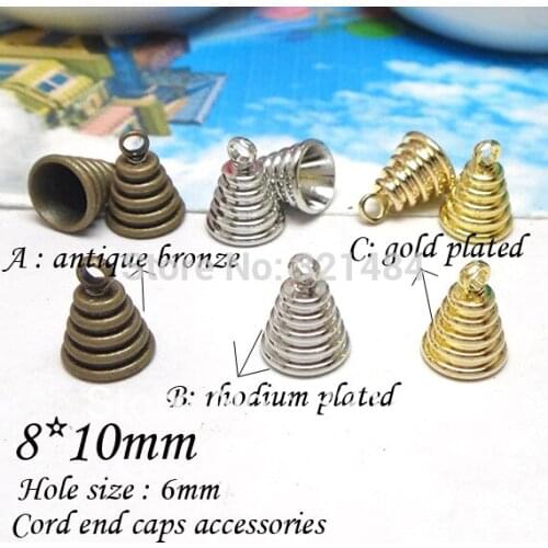 Bulk 300pcs 8*10mm hole size 6mm Gold/Dull Silver/Antique bronze clasp w/ loop crimp end caps for leather cord and tassel diy