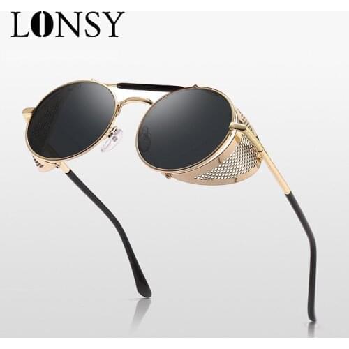 LONSY Metal Retro Steampunk Sunglasses Round Brand Designer Vintage Punk Sun Glasses For Women Men UV400 Oculos De Sol