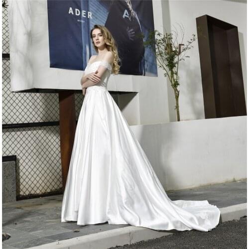 32382 Mermaid Beading Pattern soft satin wedding dresses Boat Neck Short sleeves with belt back buttons Court Train Bridal Dress