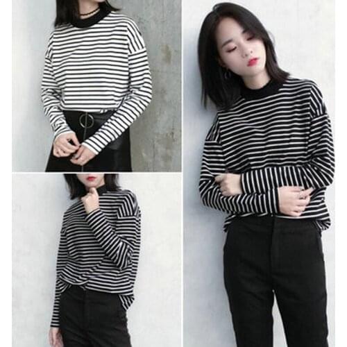 T-shirts Women Long Sleeve Loose Striped Solid O Neck Womens T-shirt All-match Leisure Korean Style Trendy Chic Soft