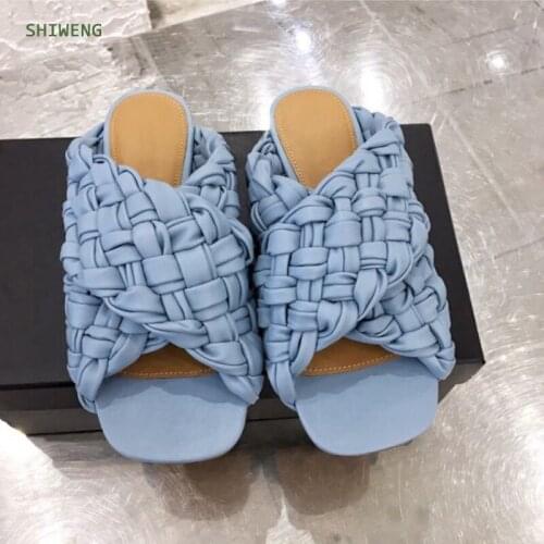 Women Fashion Comfortable Outdoor Beach Slipper Summer Ladies Woven Flat Sandal Slippers Female Square Toe Solid Plus Size