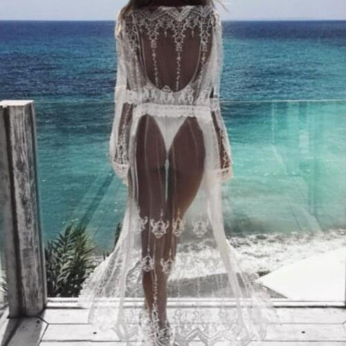 Womens Swimwear Bikini Beach Wear Cover Up Kaftan Ladies Summer Long Sleeve See Through Long Dress Sexy