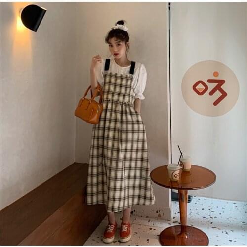 Contrast Color Plaid Strap Dress Female Summer 2021 New Skirt Design Sense Niche Loose Mid-length Skirt Trend