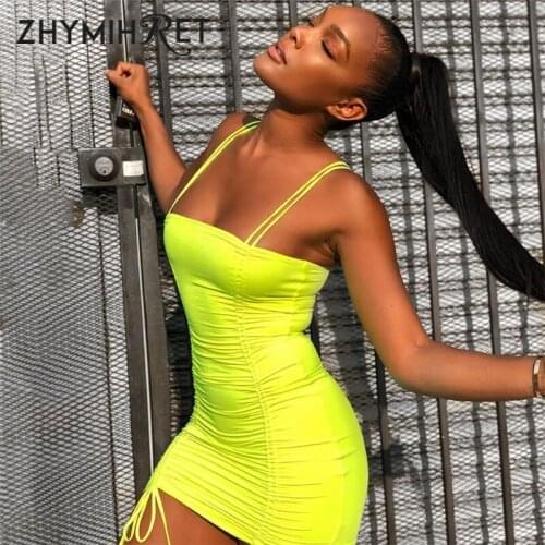 ZHYMIHRET 2019 Summer Ruched Neon Dress Women Sexy Sphagetti Strap Mini Vestidos De Verano Skinny Bandage Bodycon Dress