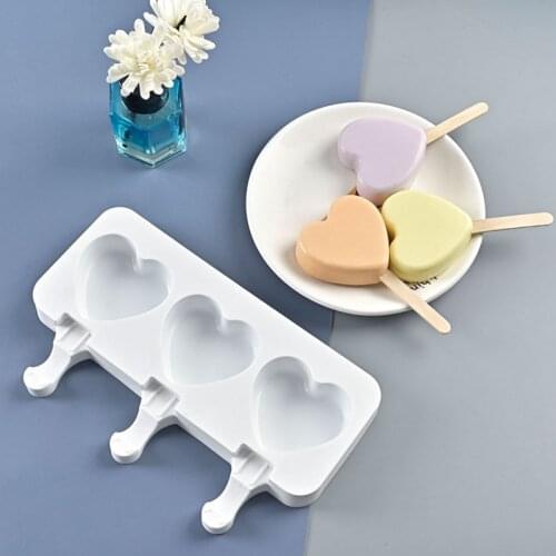 3 Cavity Love Heart Shape Ice Cream Silicone Mold Juice Dessert Popsicle Mould Frozen Sucker Ice Cube Tray Kitchen Accessories