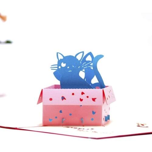 3D Handmade Childrens Day Kids Birthday Cat In The Box Paper Invitation Greeting Cards PostCard Back To School Creative Gift