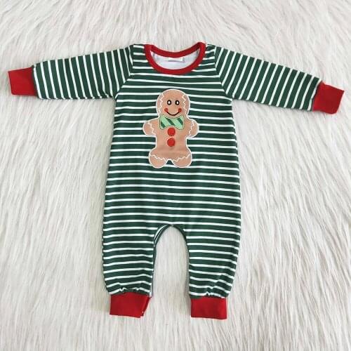 Toddler Boy Long Sleeve Christmas Rompers Stripes Design Kids Gingerbread Embroidery Craft Jumpsuits