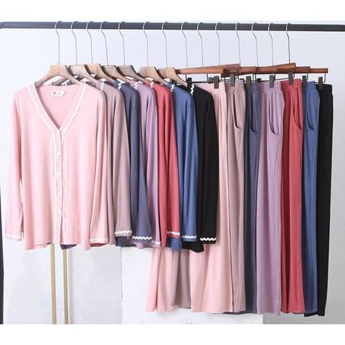 Fdfklak Modal Women Pajamas Sets V-Neck Shirt+Pants Comfort Long Sleeve Pyjamas Female Autumn Home Wear Sleepwear Femme