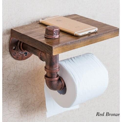 Urban Industrial Wall Mount Wood Storage Shelf Iron Pipe Toilet Paper Holder Roller Restaurant Restroom Bathroom Decoration
