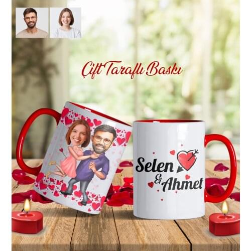 Kişiye Özel Yılbaşı Temalı Çift Karikatür Kırmızı Saplı Kupa