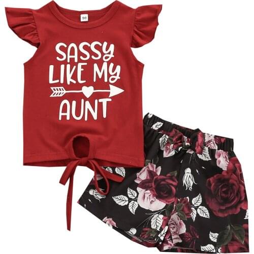 Girl’s T-shirt and Shorts Set Fashion Letter Printed Fly Sleeve Tops and Bow Flower Short Pants