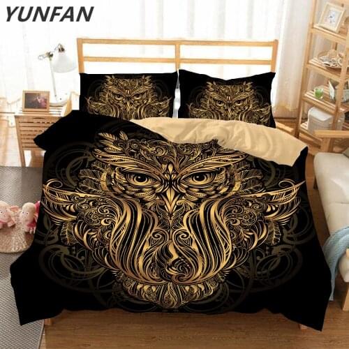 Golden Owl Bedding Set queen King Size Boys Luxury Dreamcatcher Print Black 3d Duvet cover Animal Feather Bohemian bedclothes