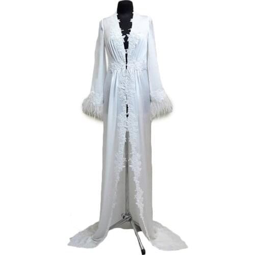 Lace Satin Homewear Custom Made Long Sleeves Formal Nightwear with Sweep Length Homewear
