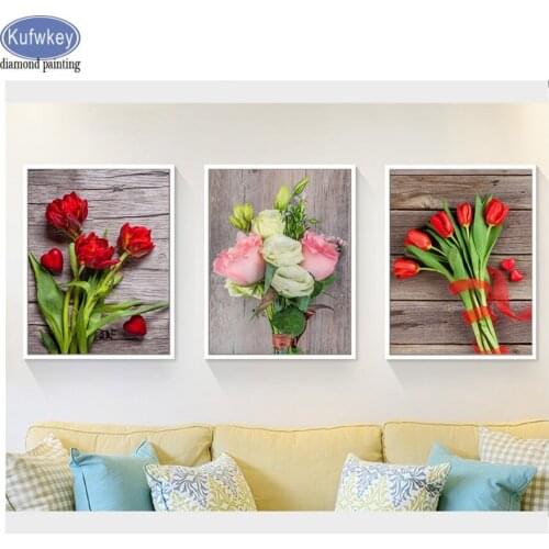 Full square round drill 5d diy diamond painting cross stitch Rose Tulips 3 Pieces diamond embroidery flower home decoration
