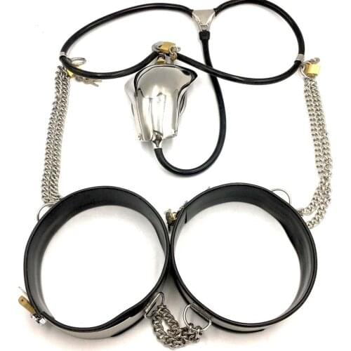 Manyjoy Stainless Steel BDSM Bondage Set Male Chastity Belt with Thigh Ring Cuffs Sex Toys for Men Fetish Erotic Adult Games