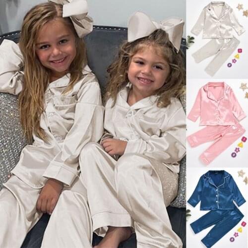 Toddler Baby Boys Girls Silk Satin Top Pant Pajamas long sleeve Solid Button-Down Pyjamas Satin Set Child Sleepwear Nightgown