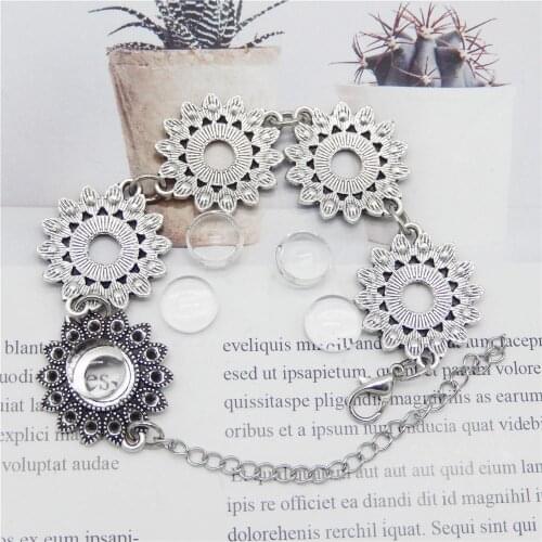 Fit 10mm Round Cabochons Antique Silver Connector Base Bracelet Setting Bezel Blank Base With Glass For DIY Making Bangle
