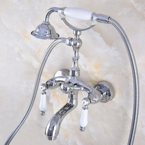Polished Chrome Bathtub Shower Faucets Set Dual Knobs Mixer Tap Wall Mounted Bath Shower Set Swivel Tub Spout ztf843