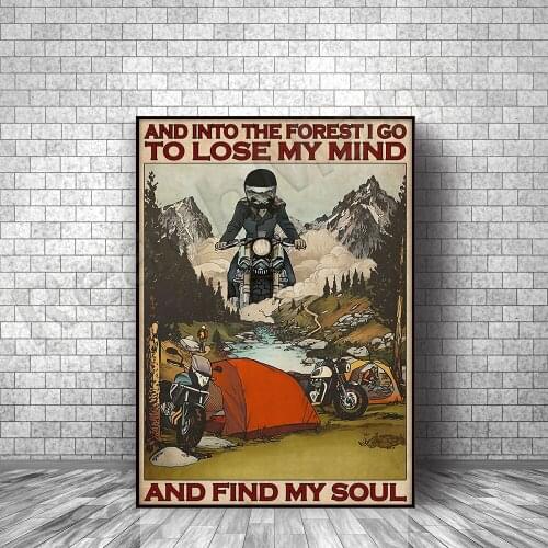 Motorcycle racer bike girl poster camping camping gifts and in the forest I will lose my mind poster home life decoration poster
