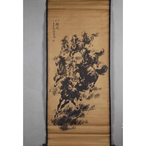 Rare Hand-painted QingDyansty Vertical scroll reel antique calligraphy painting,Ink horses painting, free shipping