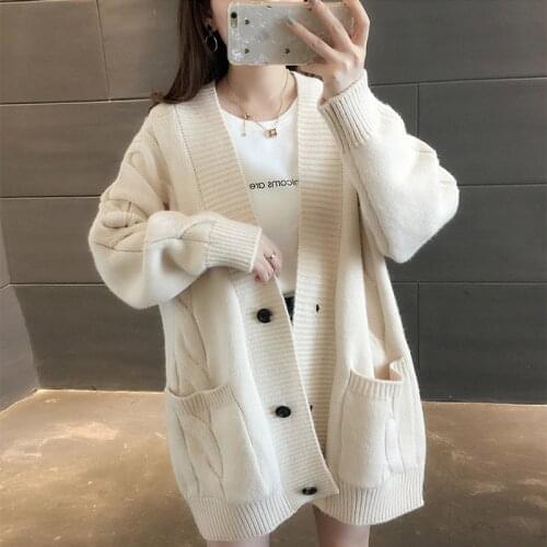 Womens Spring Autumn Long Sweaters Loose Single Breasted Pockets Ladies Solid Cardigan Casual V Neck Knitted Wear for Female