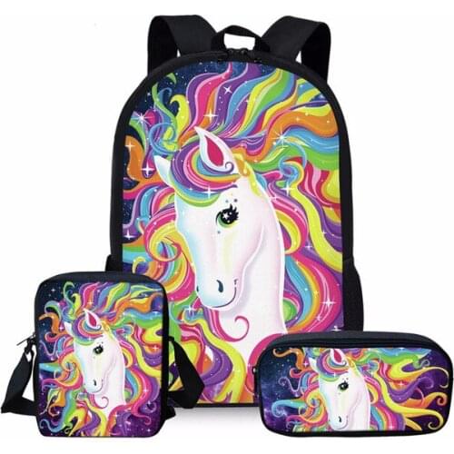 Custom Print Cartoon Unicorn Big Capacity Messenger Bag Pencil Bag Three-piece Set School Backpack For Kids Boys Girls