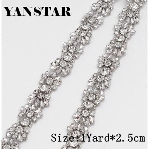 YANSTAR Wholesale 10 Yards Rhinestone Applique Bridal Belt Clear Crystal Applique Trim Iron On Wedding Dress YS975