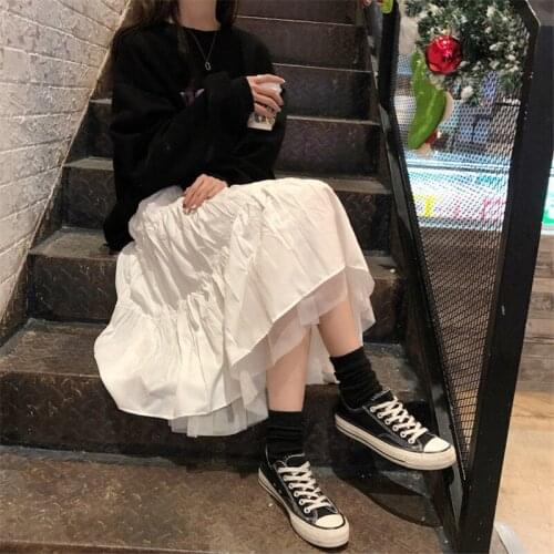 Female Black White Long Skirt Streetwear Long Tulle Midi Skirts Womens 2021 Autumn Elastic High Waist Mesh Tutu Pleated Skirts